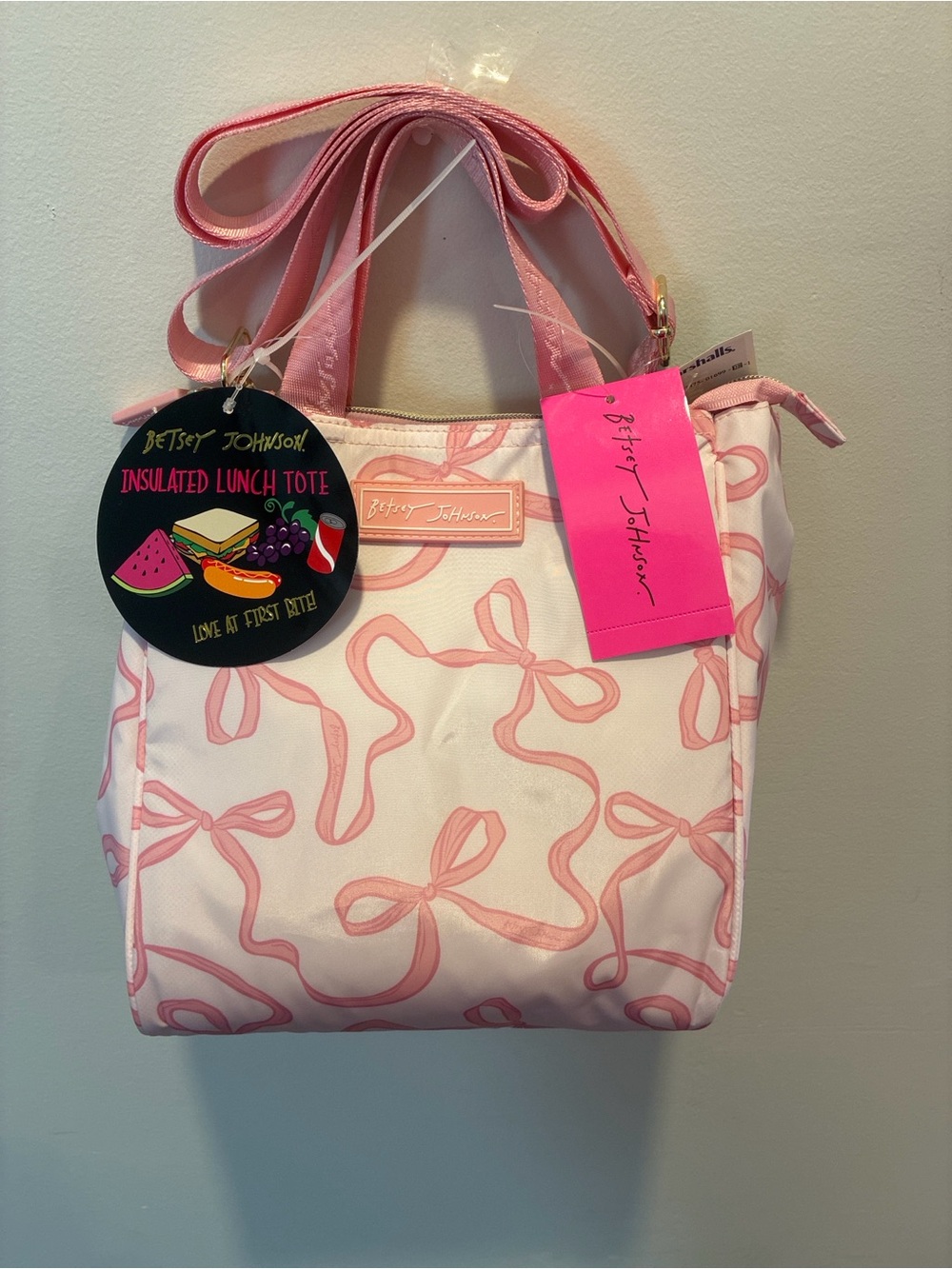 Betsey Johnson Light Pink Bow-Print Insulated Tote with Gold Hardware